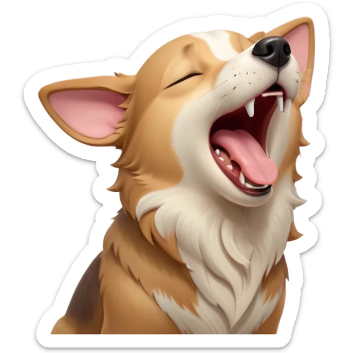Cinematic Cute Yawning Domestic Dog Portrait Emoji, Head tilted slightly with a dramatic, wide-open yawn, showcasing a plush, inviting coat with gently drooping ears and half-closed, drowsy eyes, Simplified yet irresistibly adorable features, highly detailed, glowing with a soft, cozy glow, high shine, relaxed yet expressive, stylized with a dash of playful whimsy, soft glowing outline, capturing the essence of a sleepy yet affectionate dog that seems ready to stretch out for a nap! sticker