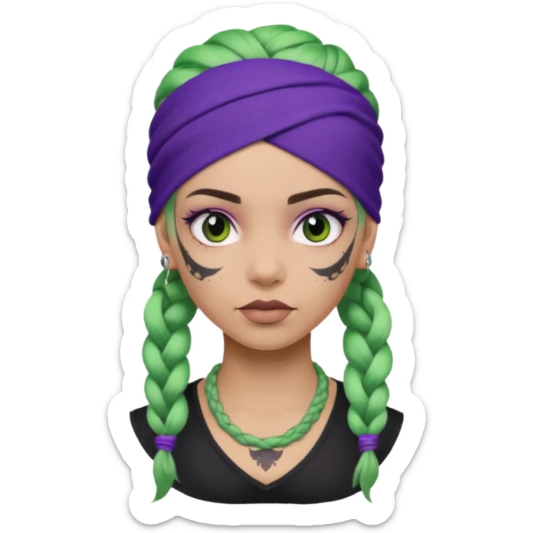green braided hair with purple head bandana and lots of face tattoo girl sticker