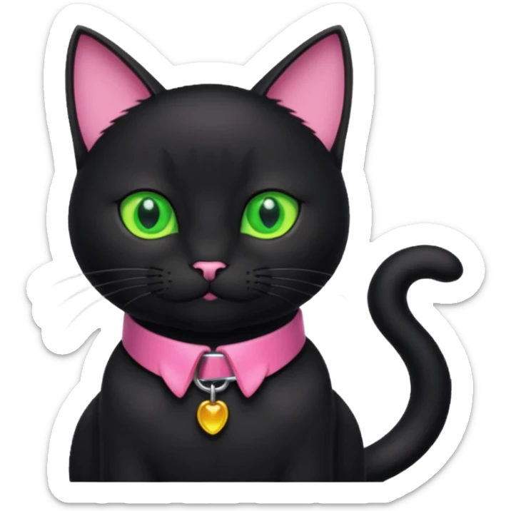 Bir siyah renkli kedi gözleri yeşil ve oturuyor boynunda pembe tasma vae sticker