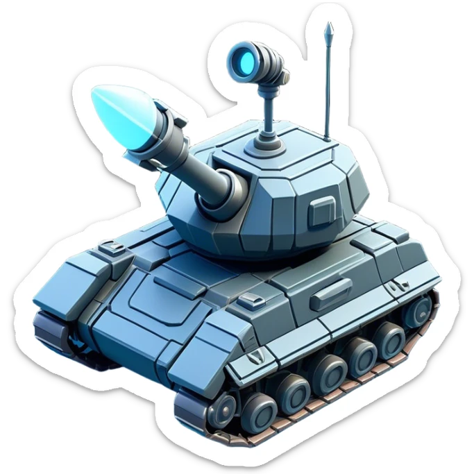Clash of Clans aesthetic: Cinematic Playful 3D Isometric Space Tank Emoji, rendered in a 3D vector-style similar to standard emojis with minimal shading and bold, simplified shapes. A compact, distinct form with signature details, softly glowing with a futuristic sci-fi warfare charm. Simplified yet unmistakably iconic, highly detailed and consistent, glowing with a soft radiance and high shine. Stylized with a touch of high-tech brilliance and a soft glowing outline, capturing the essence of a beloved gaming relic with a friendly, playful manner! sticker