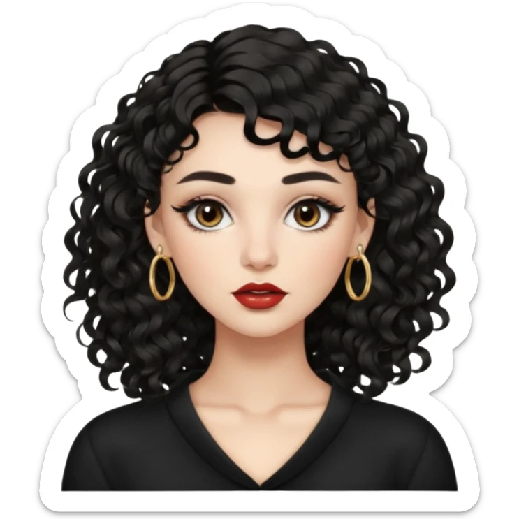 Woman with thick black wavy 2b hair and curly bangs, light eyes, fair skin, defined brows, high cheekbones, full lips, septum ring, soft glam makeup, confident expression. sticker