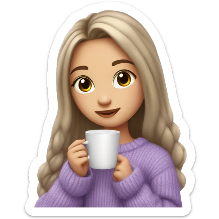 Cute girl with long hair, long lashes in lavander cozy sweather with coffe in hands sticker