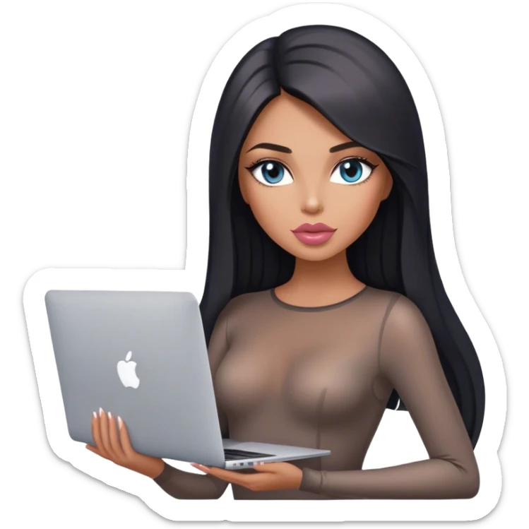 Glamours, tanned, very beautiful girl, with big pump peach-beige-rose lips, black straight smooth silky long hair, straight parting, blue-grey eyes, in bodysuit holding MacBook sticker
