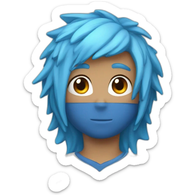 a boy who likes basketball and video games who has blue hair, a cap and sweater sticker