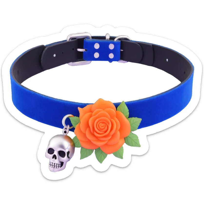 gothic choker with royal blue velvet band, silver skull charm, blue rose centerpiece, dramatic and gothic sticker