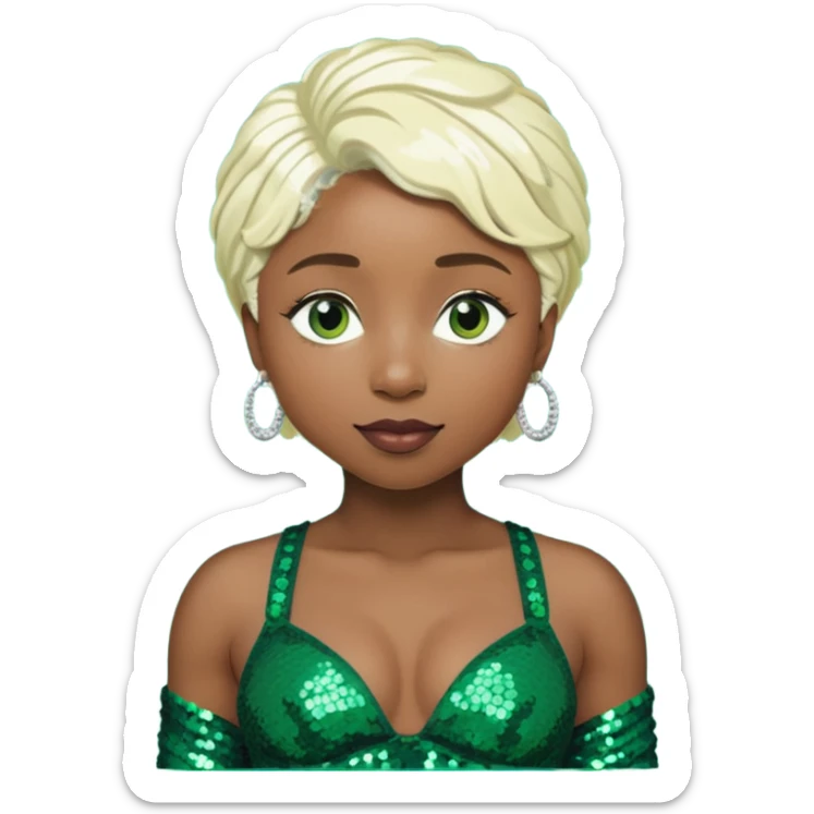 Cynthia Erivo with platinum blonde hair, dark sequin bra, dark green sequin baggy pants  sticker
