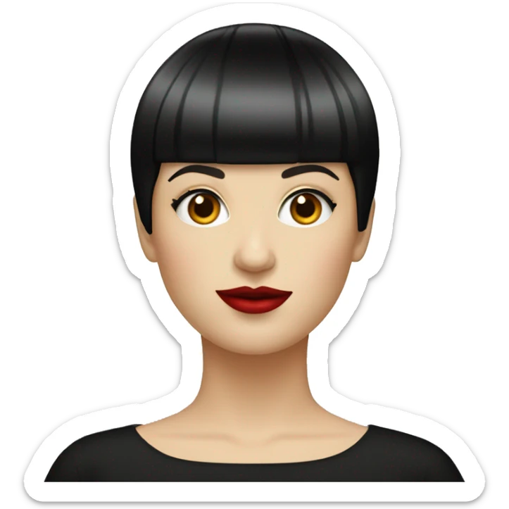 And adult white woman with a black bowl cut haircut and red lips sticker