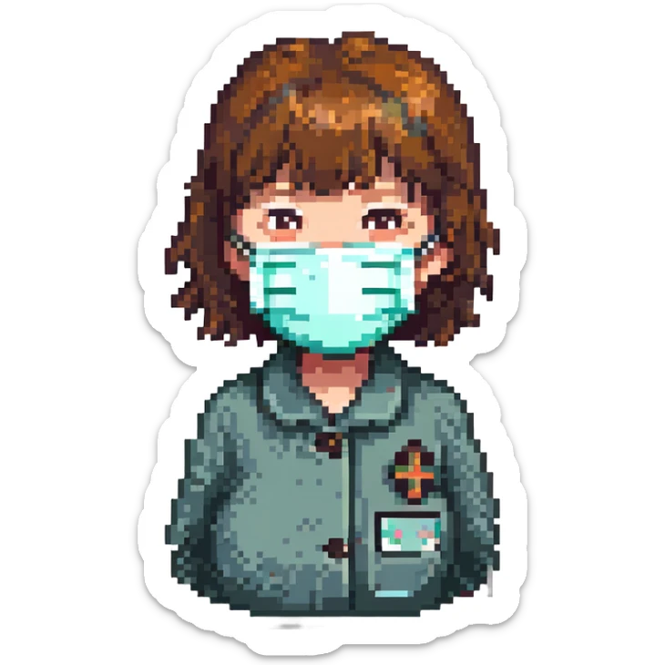 Old girl wearing medical mask with bangs and short hair, hair color brown sticker