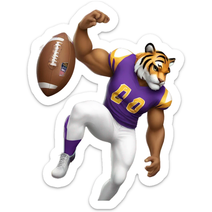 Tiger wearing purple and gold jersey and white pants holding a football sticker