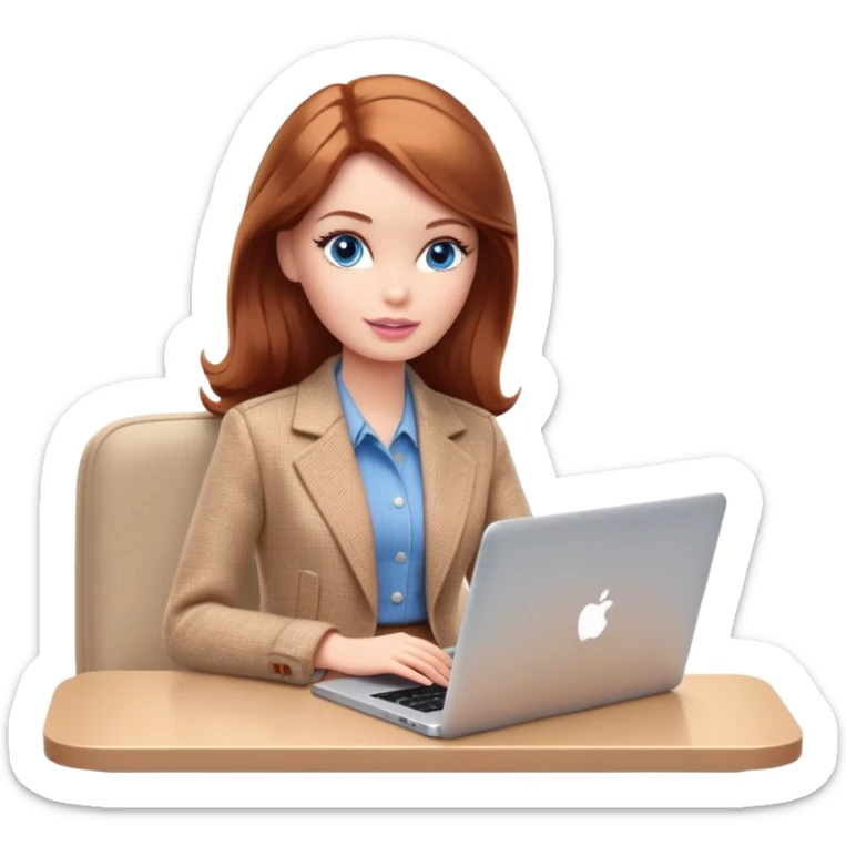A Barbie girl with blue eyes, shoulder-length reddish-brown hair, made-up, wearing a beige tweed jacket and a beige skirt, is sitting with a MacBook sticker