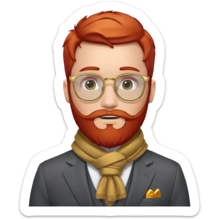 gray scarf, male,  beard, red hair, with suit, gold glasses sticker