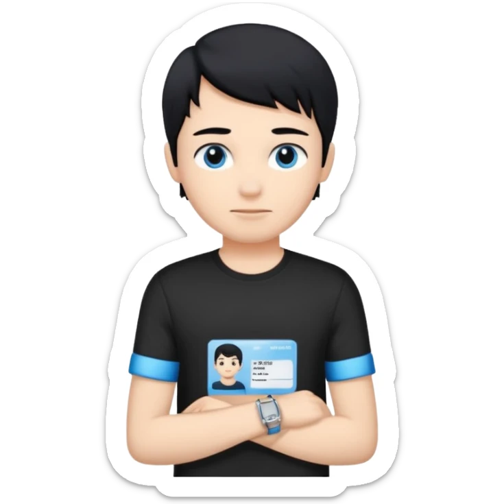 driving license of ipretty bratz emoji of a boy with a black tee, silver- blue bracelet, black hair sticker