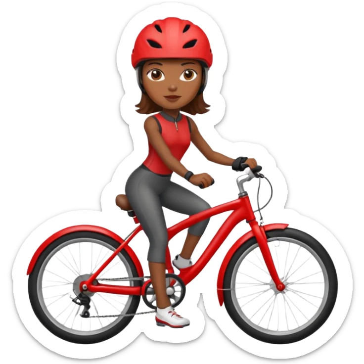 a black woman on a red bike with bike helmet sticker