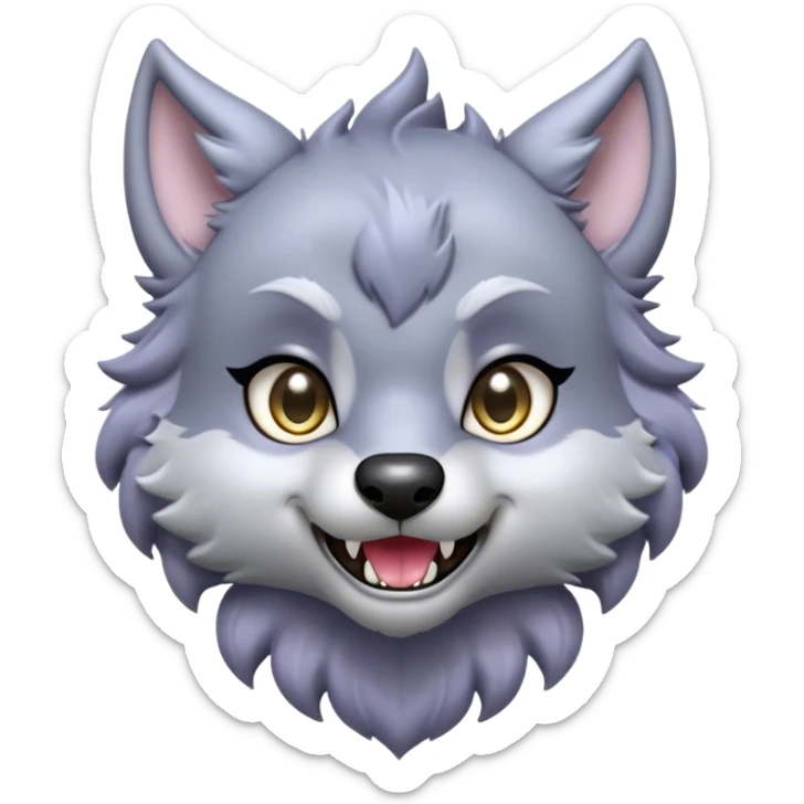 Cinematic Cute Werewolf Portrait Emoji, with a cuddly, miniature lupine form in soft moonlit grays and silvers, featuring oversized sparkling eyes and a sweet, endearing snarl, simplified yet irresistibly adorable, highly detailed with a gentle glowing outline that captures the playful, heartwarming essence of a little werewolf! sticker