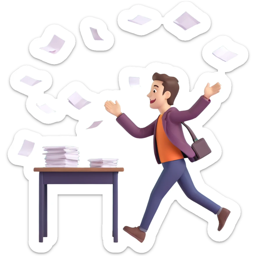 person happily quitting a job, tossing papers in the air, walking away from a desk, joyful expression sticker