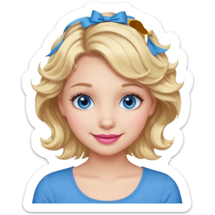 Girl Blonde short wavy hair,  blue eyes, cute blue top, long lashes, pink lips, smiling, 💁🏻‍♀️  sticker