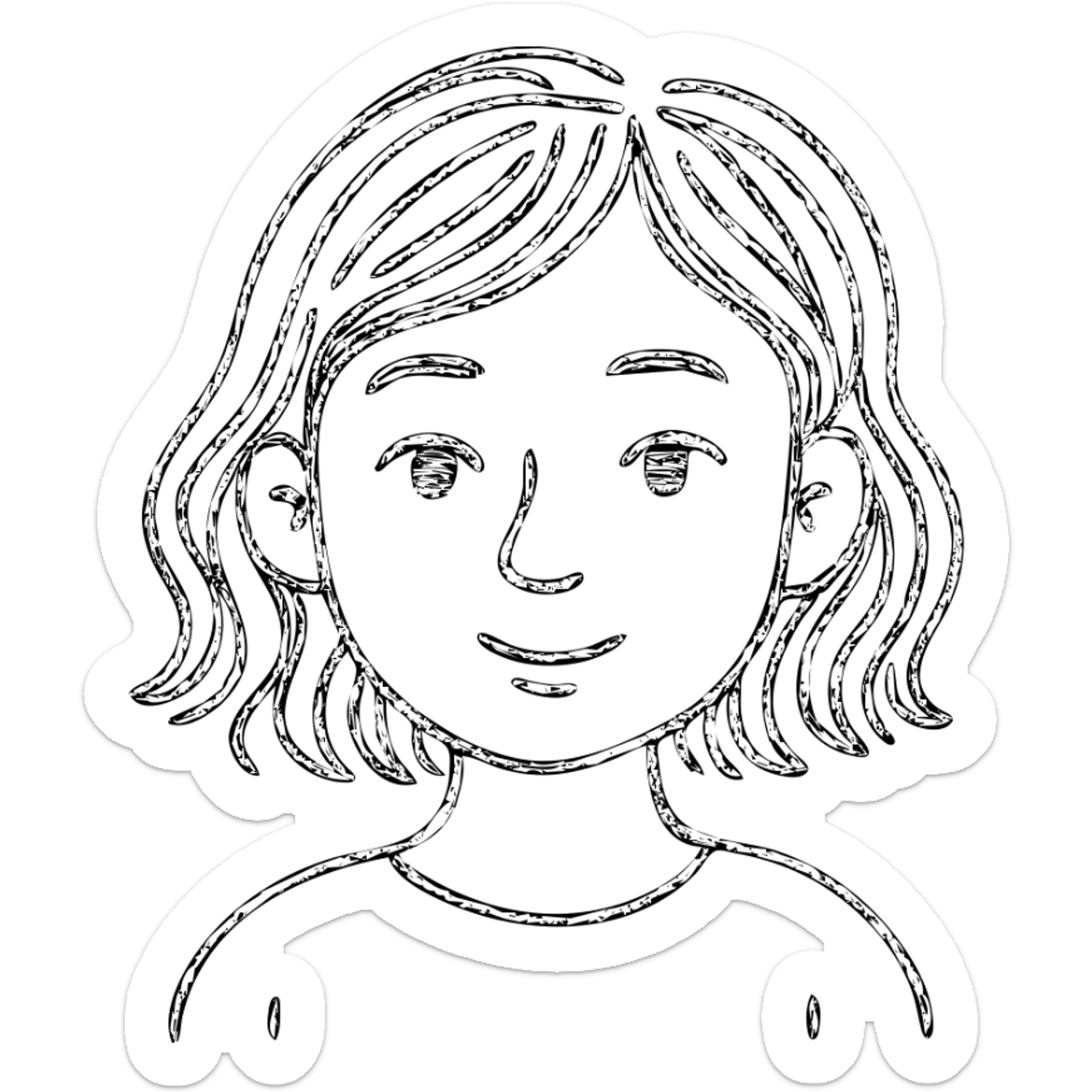 portrait of an Asian girl with medium brown wavy hair and brown eyes, hand-drawn outlined icon sticker