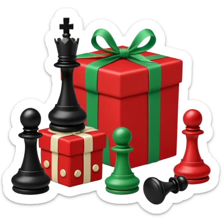 A red gift tied with a green ribbon in a white polka dot, with a knight and pawn chess pieces falling out of the gift sticker