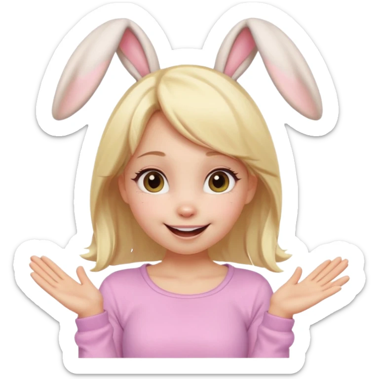 A playful blonde female cartoon character with wide, mischievous eyes, smiling, bunny ears accessory, dynamic pose suggesting movement, pastel colors, minimalistic and cute emoji style. sticker