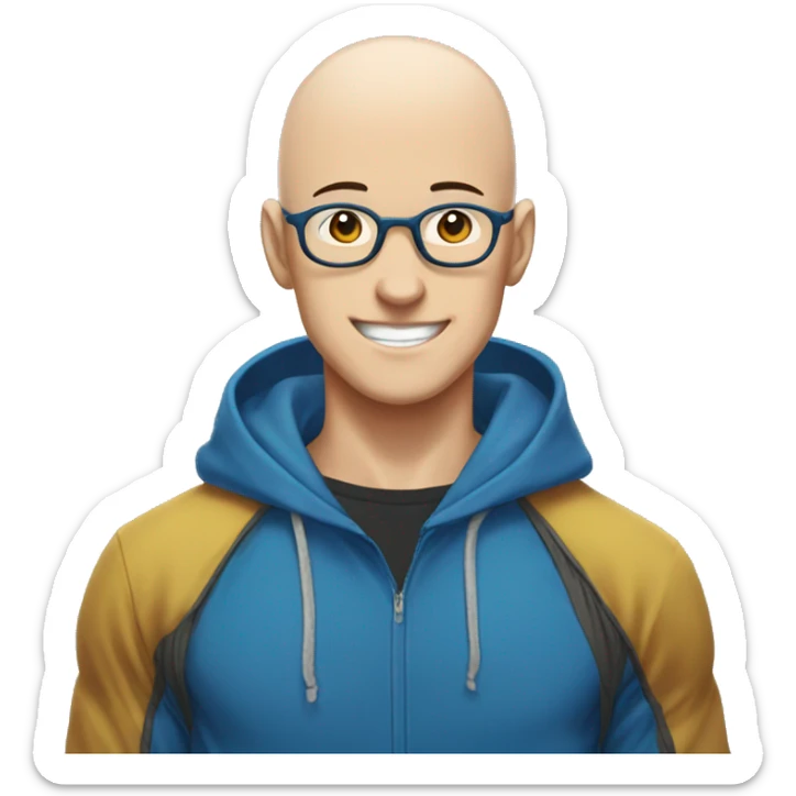 bald saitama in his 20s smiling wearing glasses and blue hoodie sticker