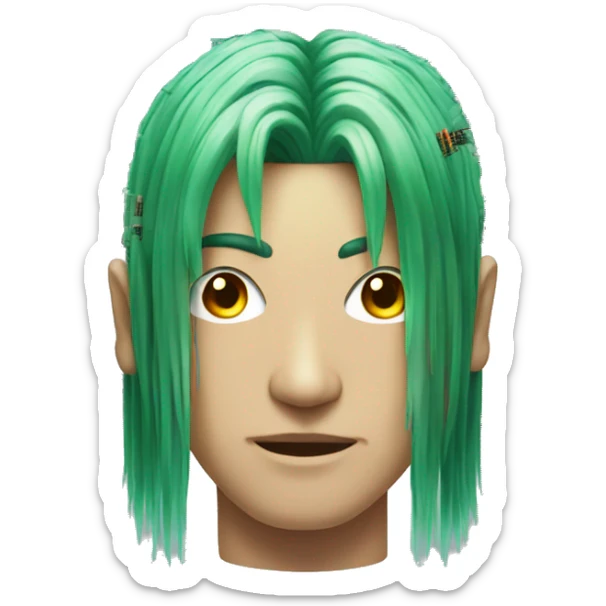 Head of Asian male cyborg with long green hair and circuits sticker