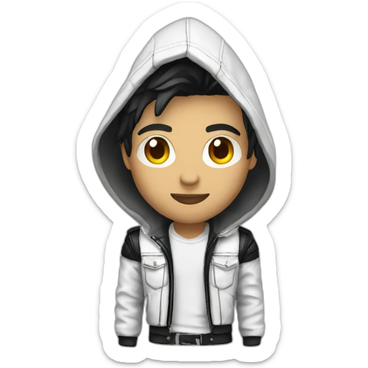 Punk male with hood wear white leather jacket with dark hair sticker