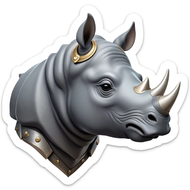Cinematic Noble Rhinoceros Portrait Emoji, Poised and regal, with a massive, powerful build and a thick, armored hide of slate gray, accented by a prominent, striking white horn, deep-set soulful piercing eyes, Simplified yet sharp and sophisticated features, highly detailed, glowing with a soft, dignified glow, high shine, intelligent and formidable, stylized with an air of ancient might, focused and attentive, soft glowing outline, capturing the essence of a watchful and commanding behemoth, so majestic it feels as though it could charge out of the screen with effortless authority! sticker