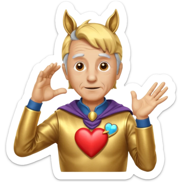 An elderly man with golden skin, his body shining like polished metal, wearing a horse cosplay costume with horse ears and a tail. He is making a heart shape with his hands and blushing slightly, showing a shy and embarrassed expression. sticker