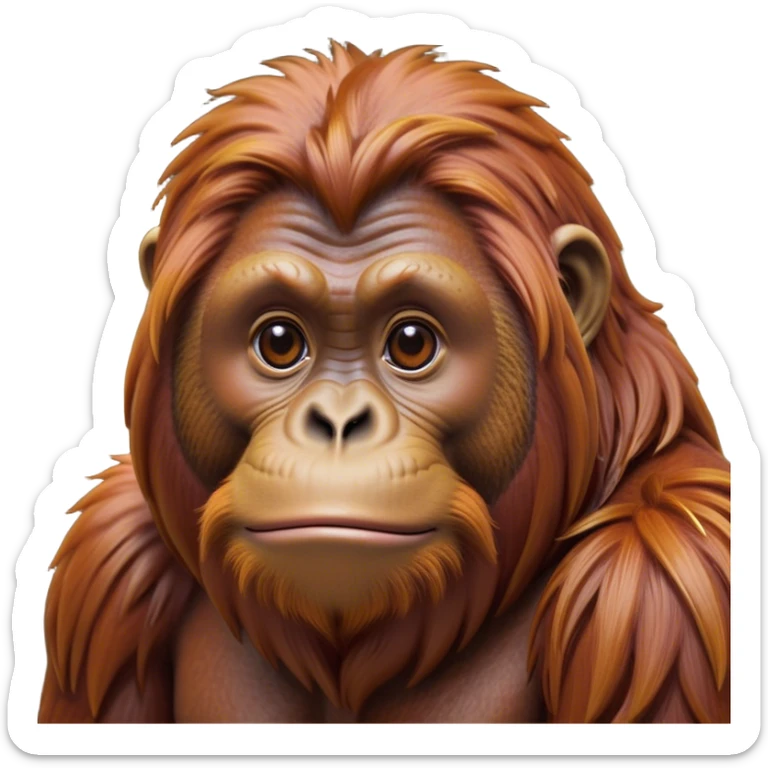 Cinematic Noble Orangutan Portrait Emoji, Poised and regal, with a robust, thoughtful build and deep, soulful eyes framed by rich, textured fur, Simplified yet sharp and sophisticated features, highly detailed, glowing with a soft, earthy glow, high shine, intelligent and contemplative, stylized with an air of ancient wisdom, focused and commanding, soft glowing outline, capturing the essence of a watchful and confident guardian that appears ready to step out of the screen with timeless authority! sticker