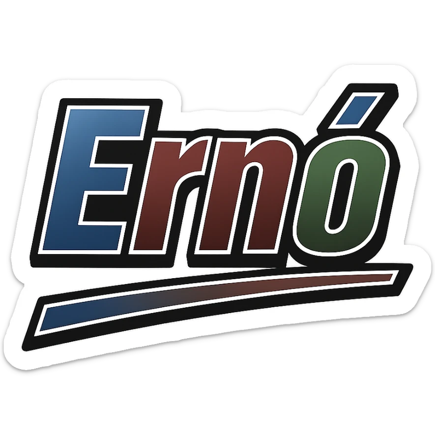 Ernő name in masculine, modern gradient font with dark contour, prominent and clearly visible white outline around the letters as in the sample, dynamic slanted underline, masculine color shades (blue, gray, burgundy, green, brown), 1000x1000 px, PNG, transparent background, in the style of the uploaded Attila sample. sticker