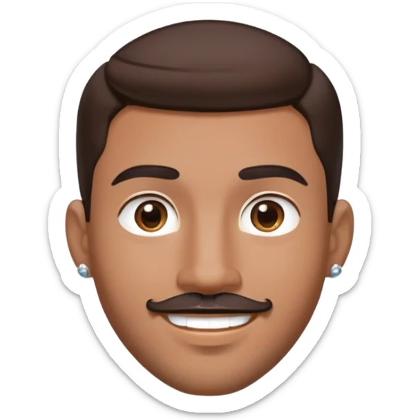 Apple-style cartoon emoji of a floating head only, young man with medium brown skin, mixed-race ethnicity, long dark brown hair with PERFECT MIDDLE PART exactly centered, mustache separated from goatee, medium brown eyes, small diamond stud earrings, absolutely no neck or shoulders visible sticker