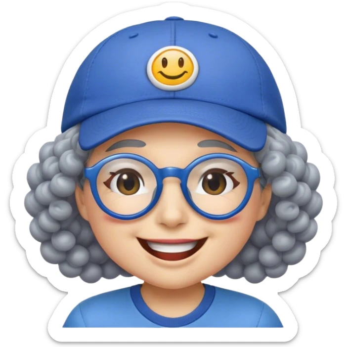 yellow female smiley face emoji, big smile, winking, wearing a blue ballcap backwards, grey curly hair, glasses, no eye color, face only sticker
