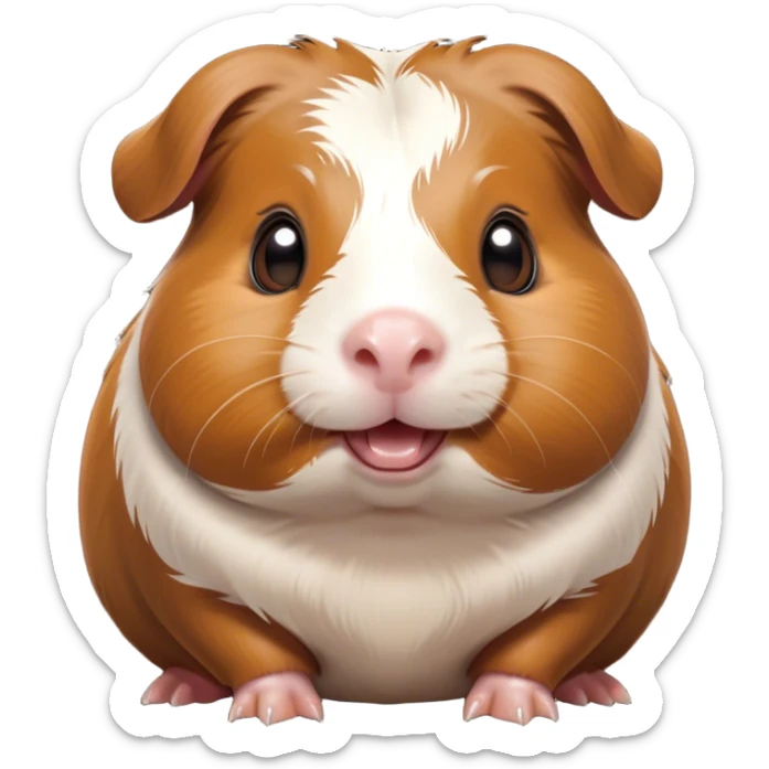 Cinematic Comical Brown and White Banded Guinea Pig Portrait Emoji, Head tilted dramatically with an exaggeratedly amused expression, featuring a striking coat with bold brown and white banding, wide, expressive dark eyes filled with playful disbelief, Simplified yet hilariously expressive features, highly detailed, glowing with a slightly sassy glow, high shine, dramatic yet playful, stylized with an air of cheeky mischief, bright and endearing, soft glowing outline, capturing the essence of a spirited and over-the-top guinea pig, so meme-worthy it feels like it could side-eye its way into internet fame instantly! sticker