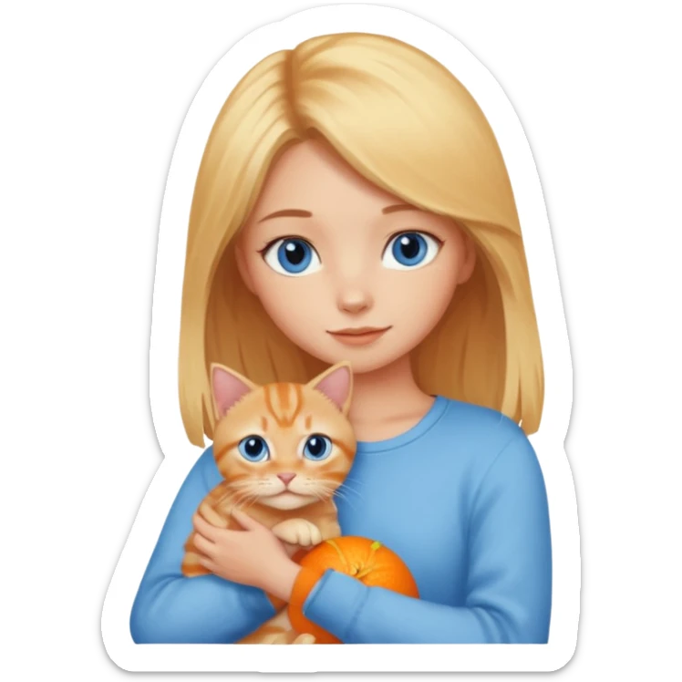blonde girl with blue eyes holding an orange tabby cat, minimal details sticker
