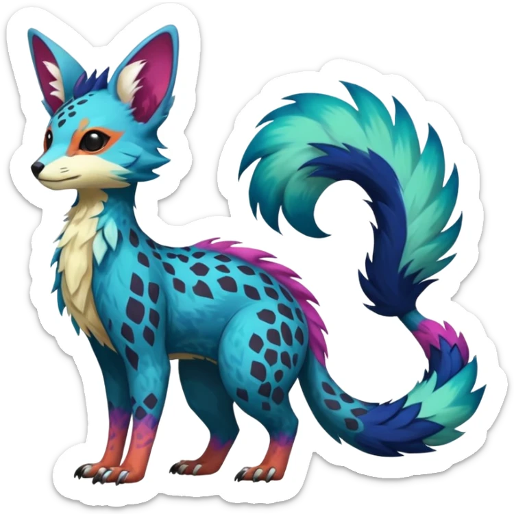 Feral Rare Fantasy colorful vibrant Vernid-Trico-species-Fakemon-creature by LiLaiRa, random markings, tufted tail, tufted ears, full body sticker