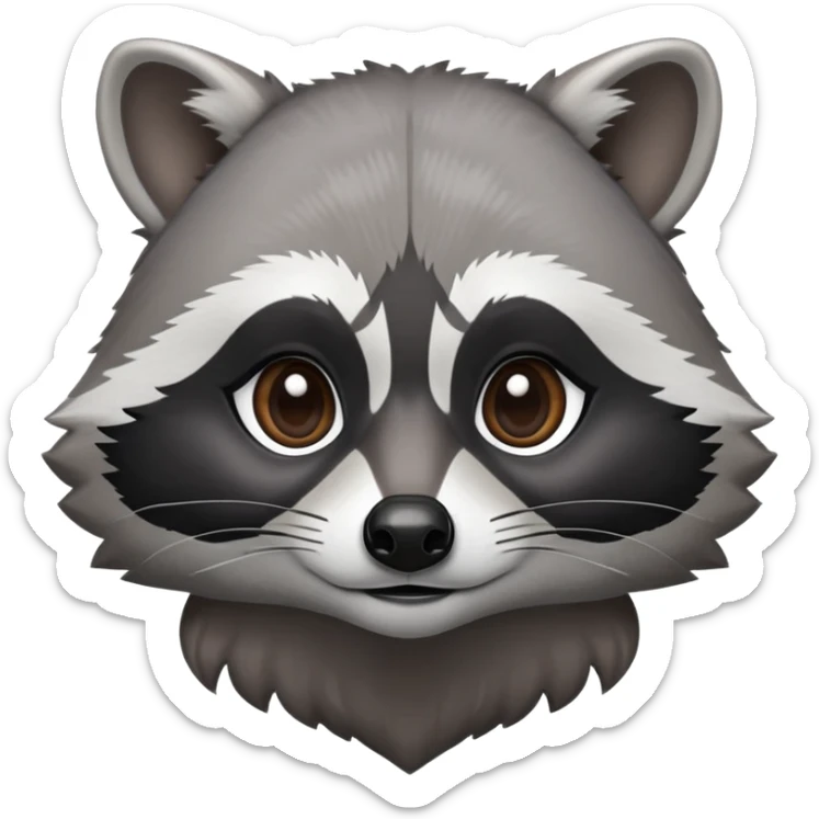 Cinematic-Noble-Raccoon-Portrait-Emoji – Poised and confident, with a sturdy build and a beautifully textured fur of silver-grey accented by dark black facial markings, deep-set, intelligent brown eyes, simplified yet sharp and sophisticated zoom out to show shoulders sticker