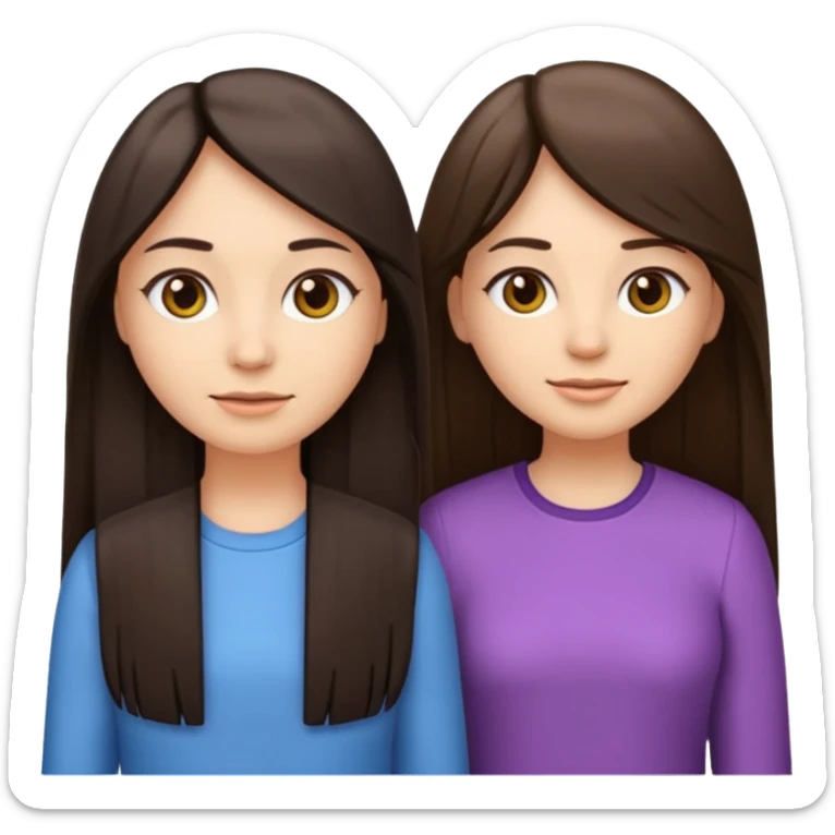 generate me emojis of sisters, one should look older, the other younger. the older one has dark brown hair, long, straight, the younger one is slightly lighter, also straight, long. clothes are any in principle, the main thing is that they more or less look like each other sticker