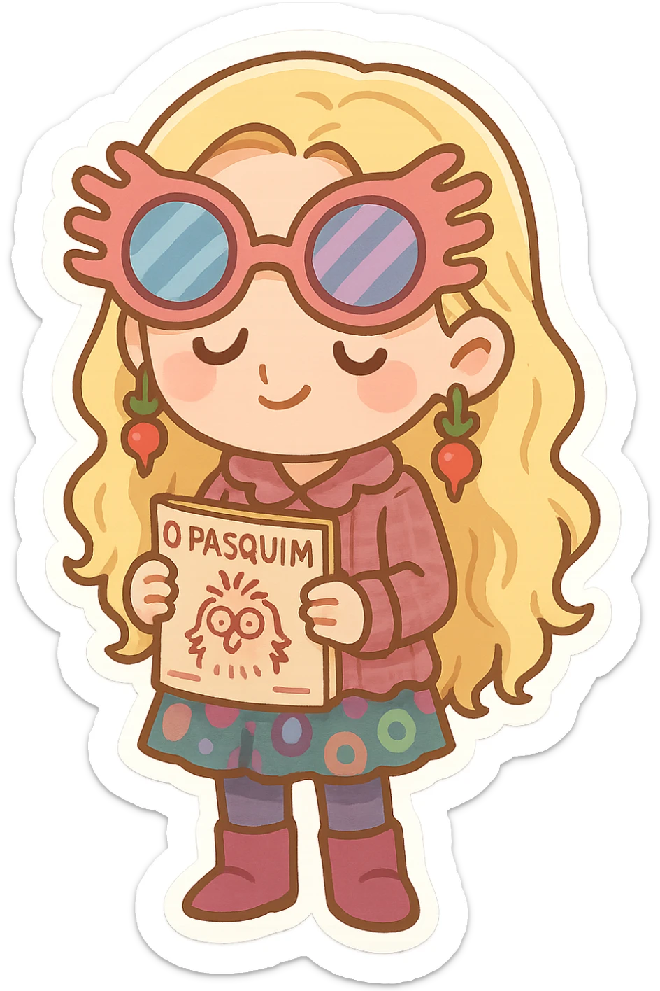 cute chibi character inspired by Luna Lovegood, long blonde hair, wearing eccentric and colorful clothes, radish earrings, holding the magazine O Pasquim, transparent background sticker