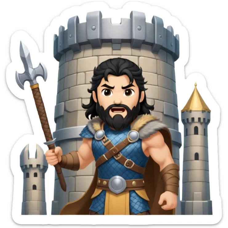 vikingo con armadura de Asgard, pelo negro ondulado, de pie, grito de guerra en torre de Asgard. sticker