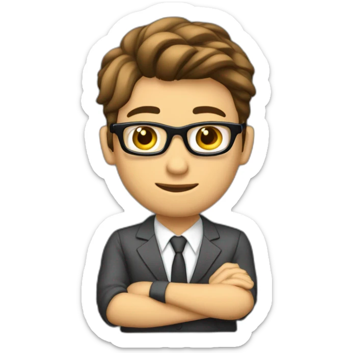 Un joven hermoso moreno claro con lentes traje sentado en un butacon frente a una computadora en  sticker