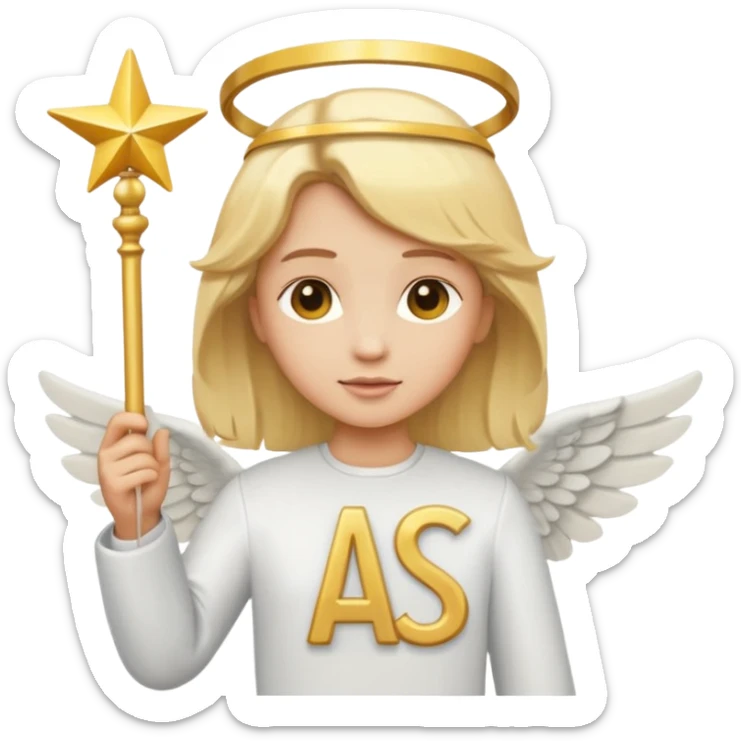 "Um emoji de anjo com cabelos loiros, um halo, asas, segurando um sinal de 'compartilhar' em letras em negrito." sticker