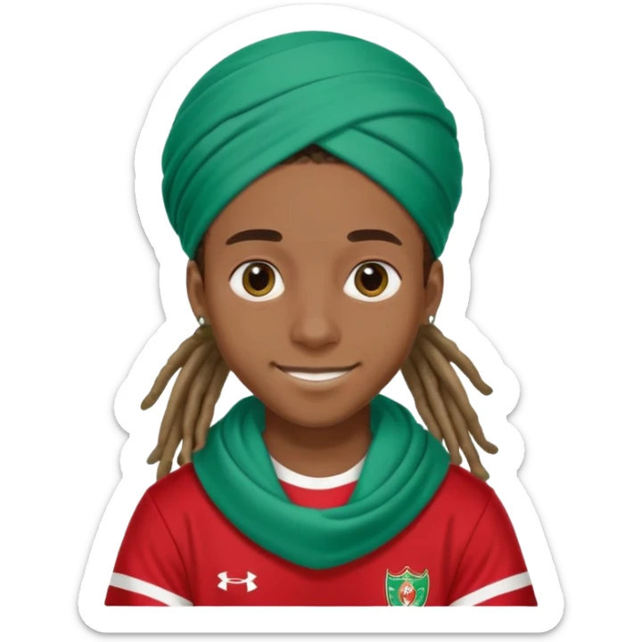 "- con trai
- 17 tuổi
- Da nâu
- Tóc con sâu châu phi, nhuộm xanh nước biển, đội khăn
- Cười mỉm, mắt to
- Mặc áo bóng đá màu đỏ sticker