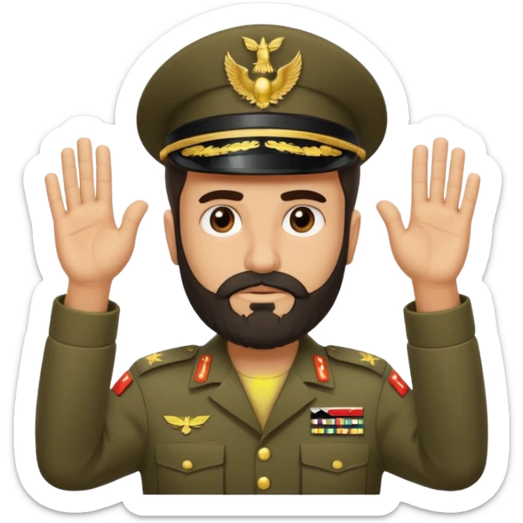 surrenders, depicts an Iraqi soldier from 1980, with a beard, a sad face and raised hands sticker