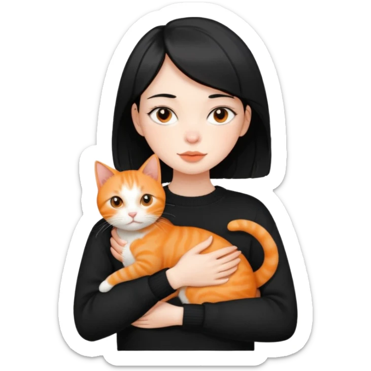 A beautiful girl with short black hair in a black sweater holds a orange cat in her arms sticker