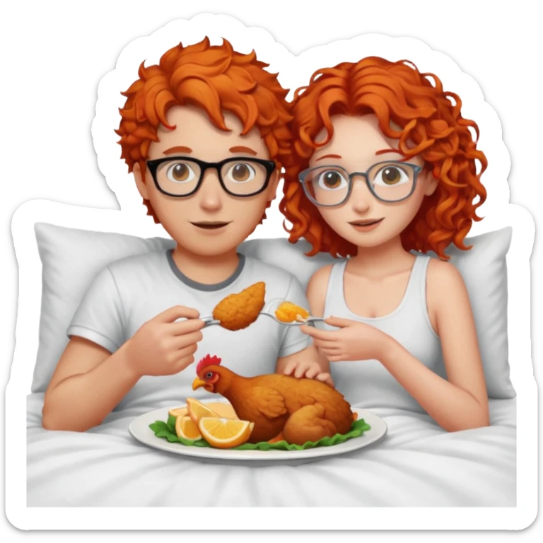 A guy with curly orange hair, feeding chicken tenders to a girl with red hair and glasses in bed sticker