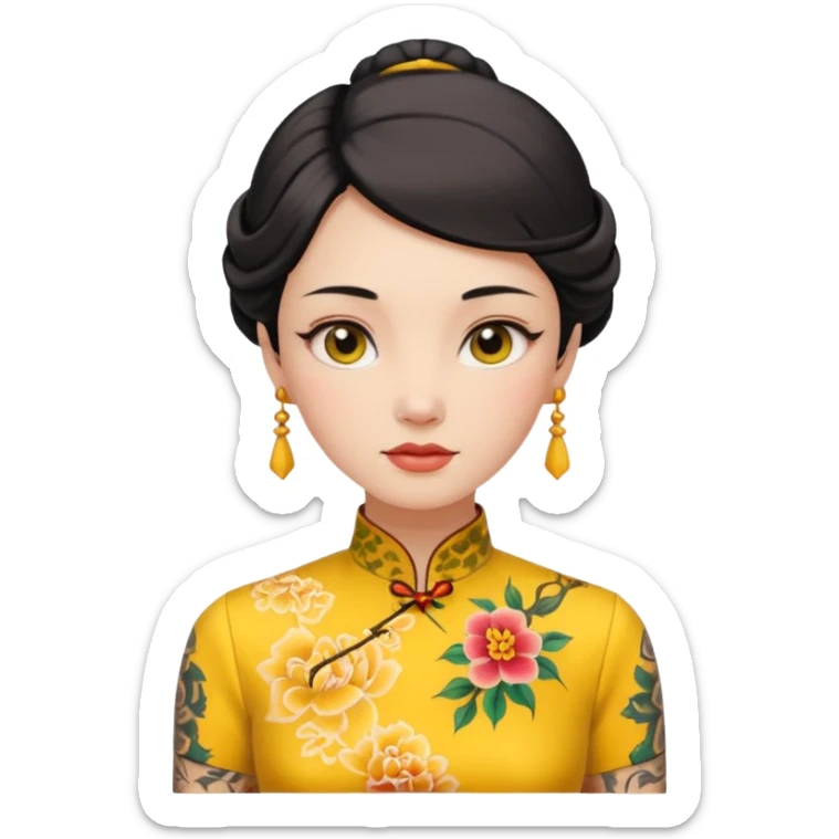 ancient woman with tatooed on neck and yellow cheongsam sticker