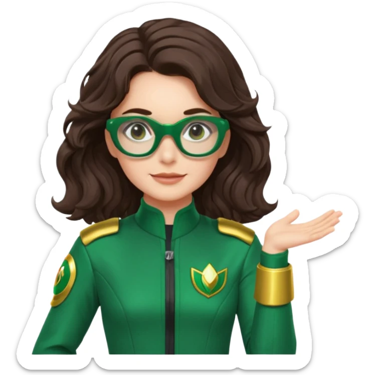 green power ranger, white Australian female with fair skin, dark long brown wavy hair with side parting, glasses, thinking pose, gentle smile sticker