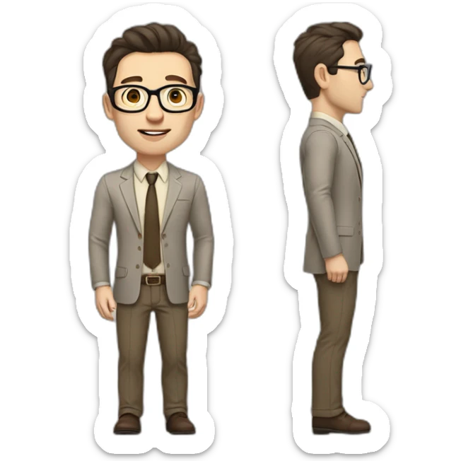 Full height Pale skinned fit man with dark brown hair in gray jacket, beige office shirt, brown tie, brown pants and vintage glasses. His right hand stretched out sticker