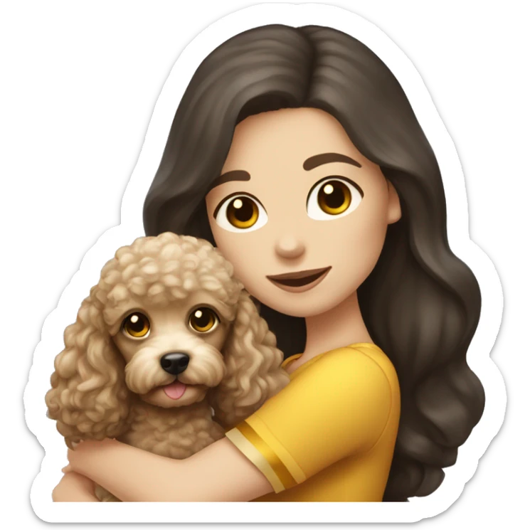 white girl with long dark hair, with blue eyes and holding a golden toy poodle  sticker
