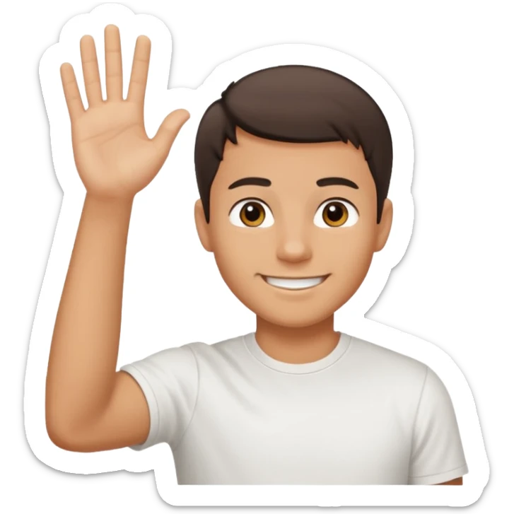 joven bronceado medio pelon oscuro muy cortito polera blanca sonrisa bonita saludando mano arriba sticker